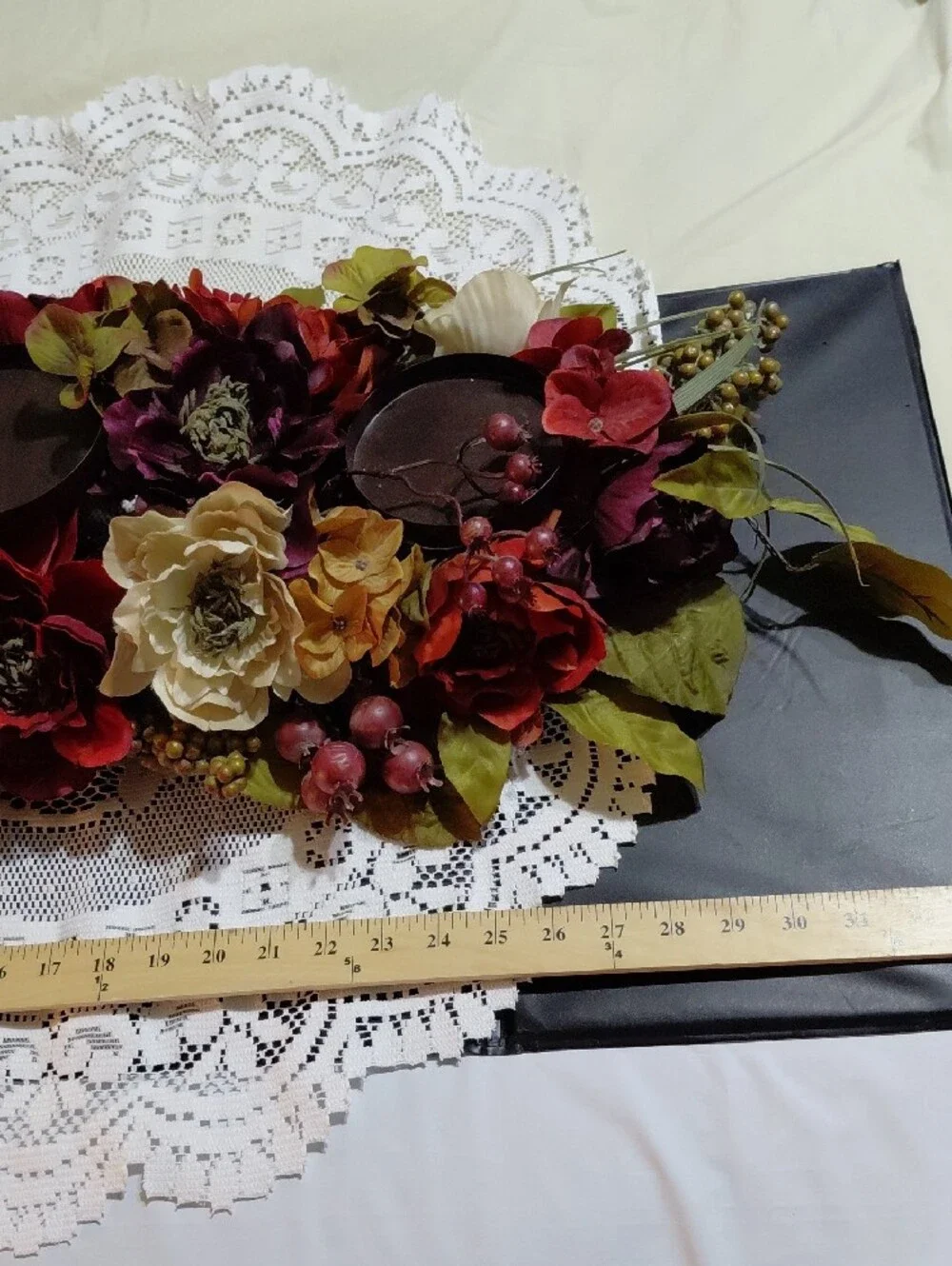 Home Interiors Burgundy, Cream & Gold Faux Floral Candle Centerpiece